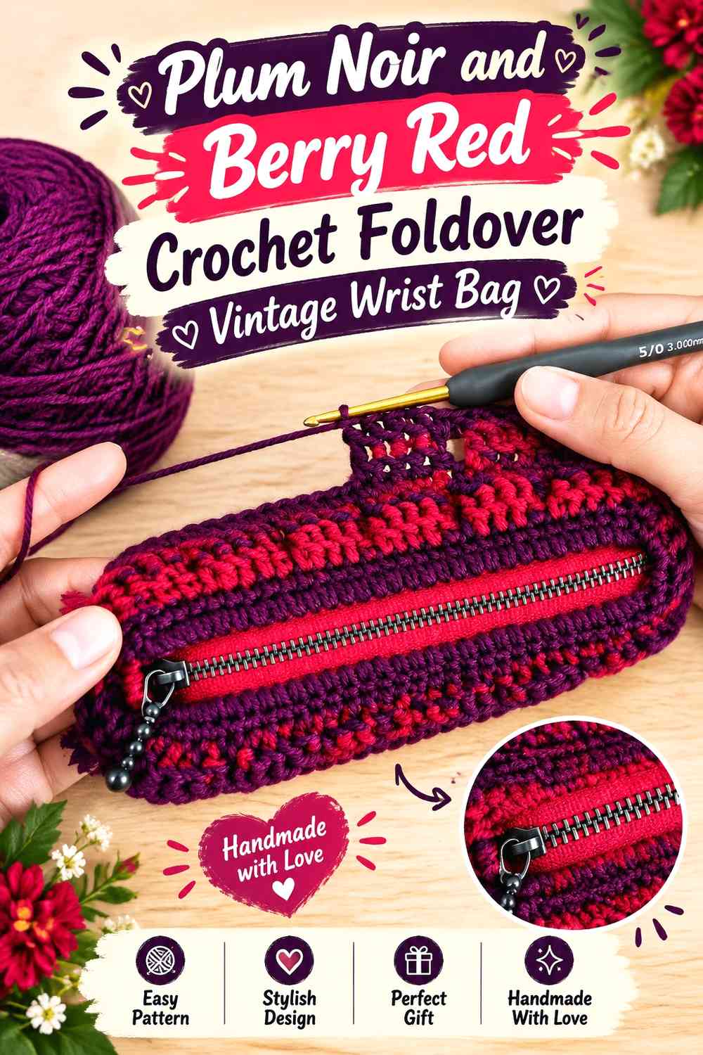 Plum Noir and Berry Red Crochet Foldover Vintage Wrist Bag