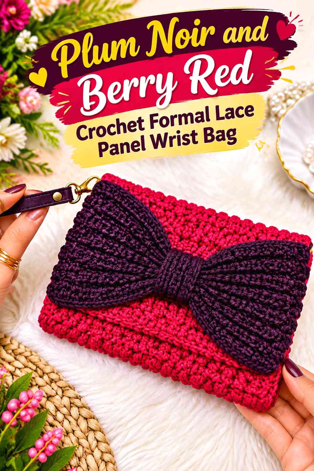 Plum Noir and Berry Red Crochet Formal Lace Panel Wrist Bag