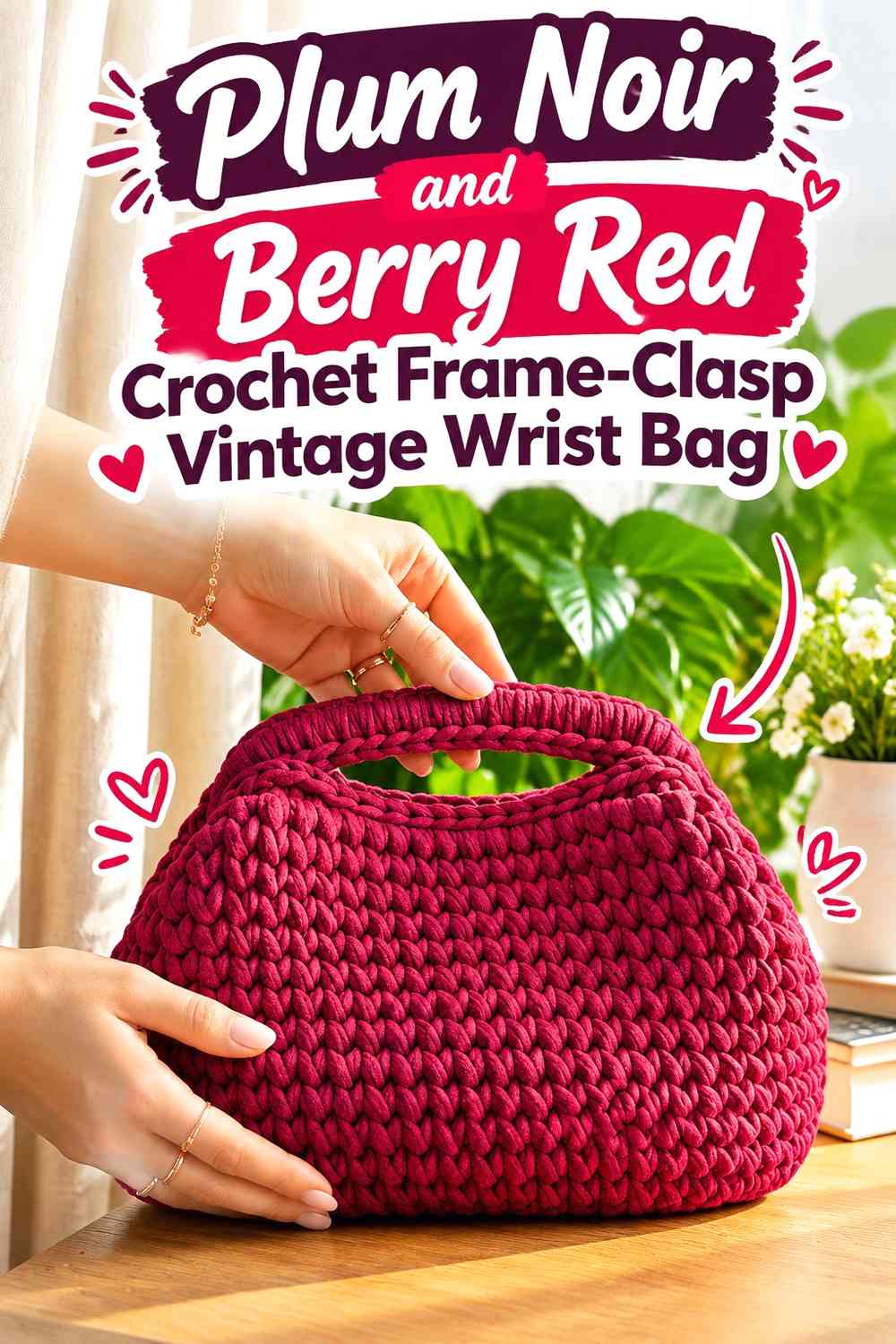 Plum Noir and Berry Red Crochet Frame-Clasp Vintage Wrist Bag