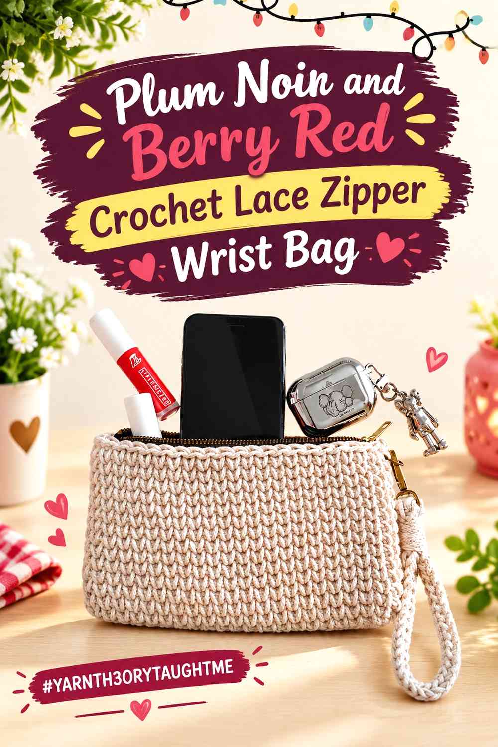 Plum Noir and Berry Red Crochet Lace Zipper Wrist Bag
