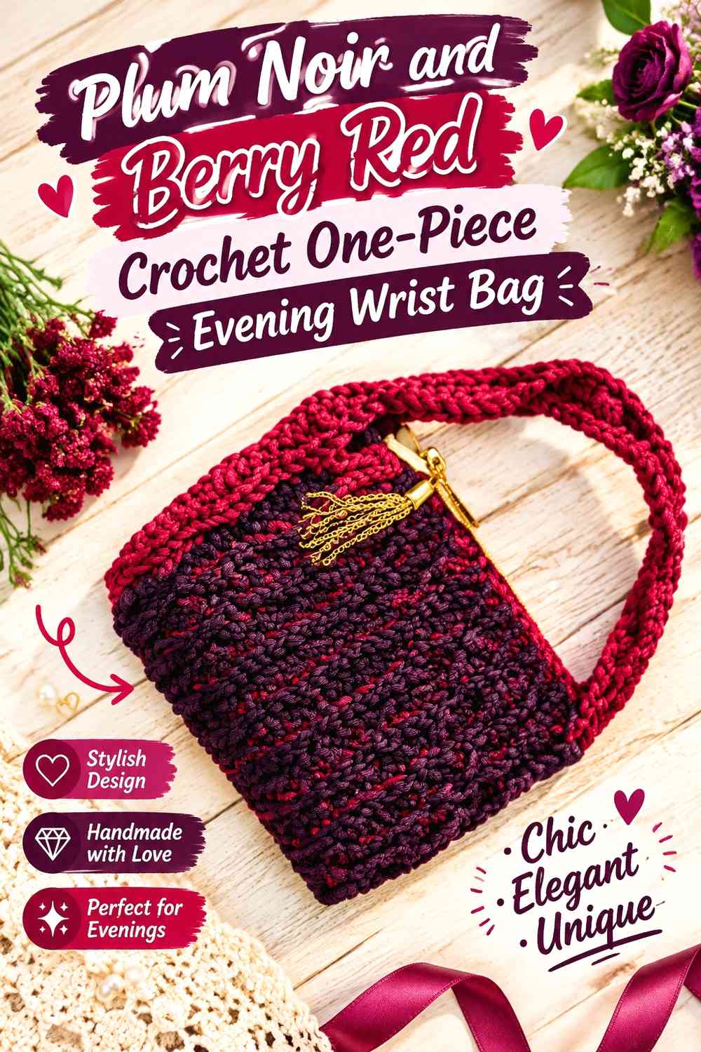 Plum Noir and Berry Red Crochet One-Piece Evening Wrist Bag
