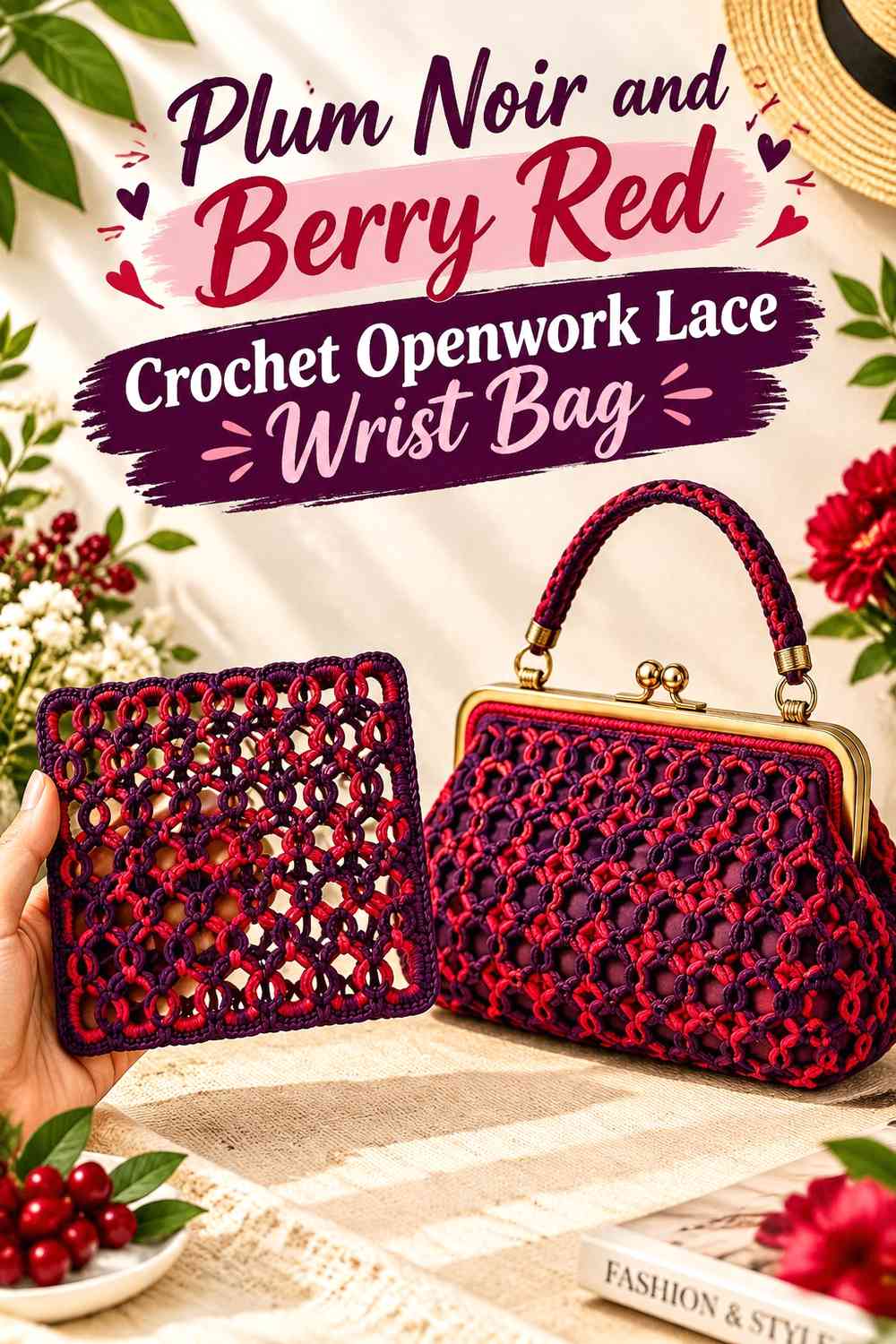 Plum Noir and Berry Red Crochet Openwork Lace Wrist Bag