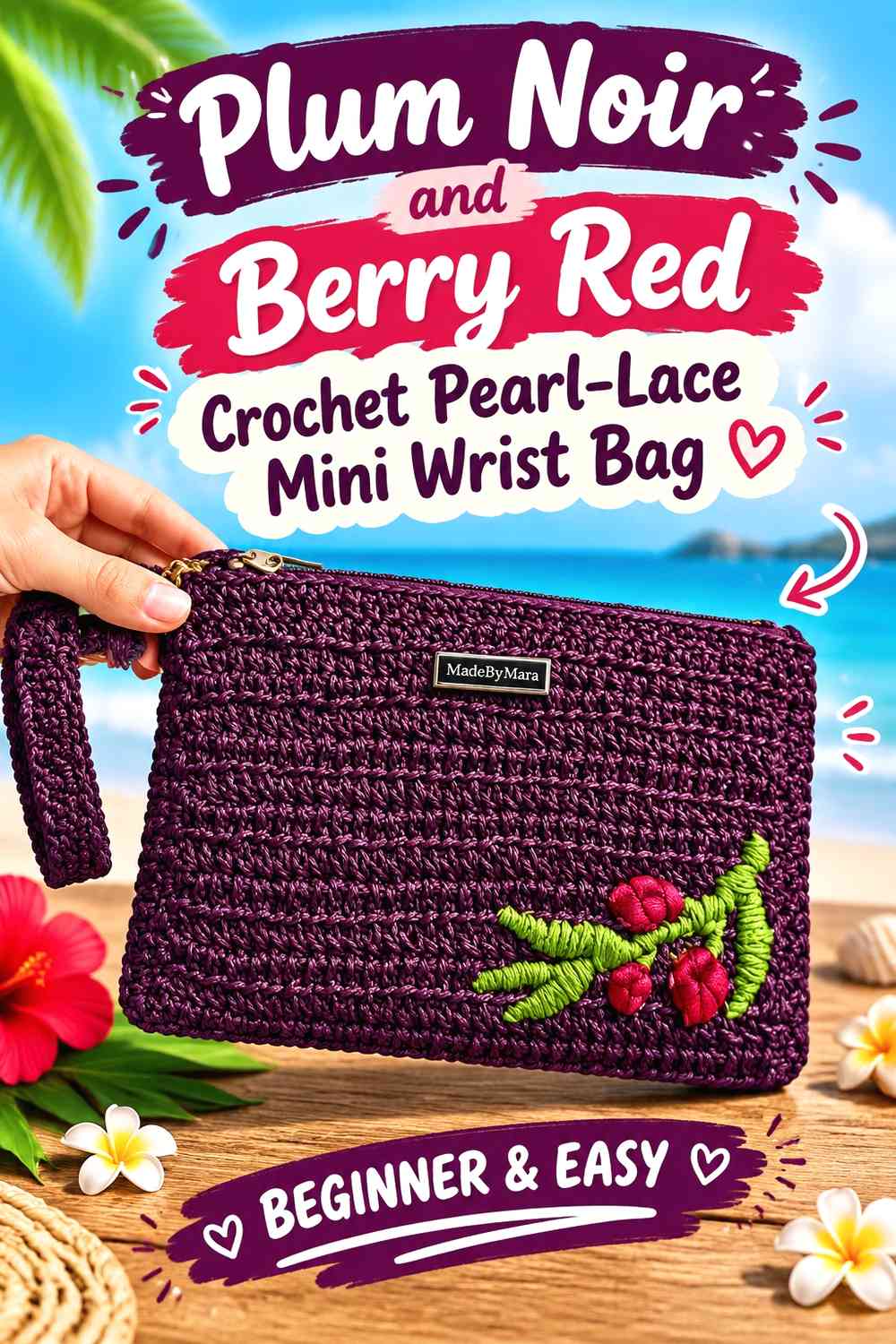 Plum Noir and Berry Red Crochet Pearl-Lace Mini Wrist Bag