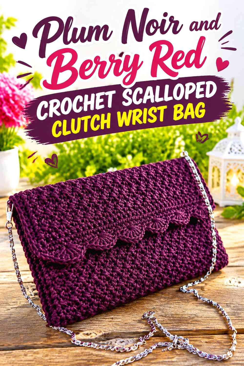 Plum Noir and Berry Red Crochet Scalloped Clutch Wrist Bag