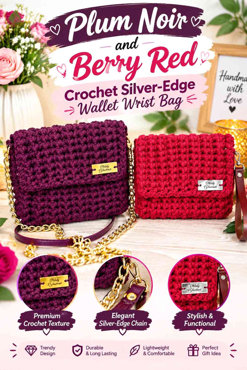 Plum Noir and Berry Red Crochet Silver-Edge Wallet Wrist Bag