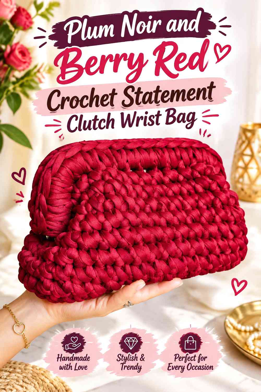 Plum Noir and Berry Red Crochet Statement Clutch Wrist Bag