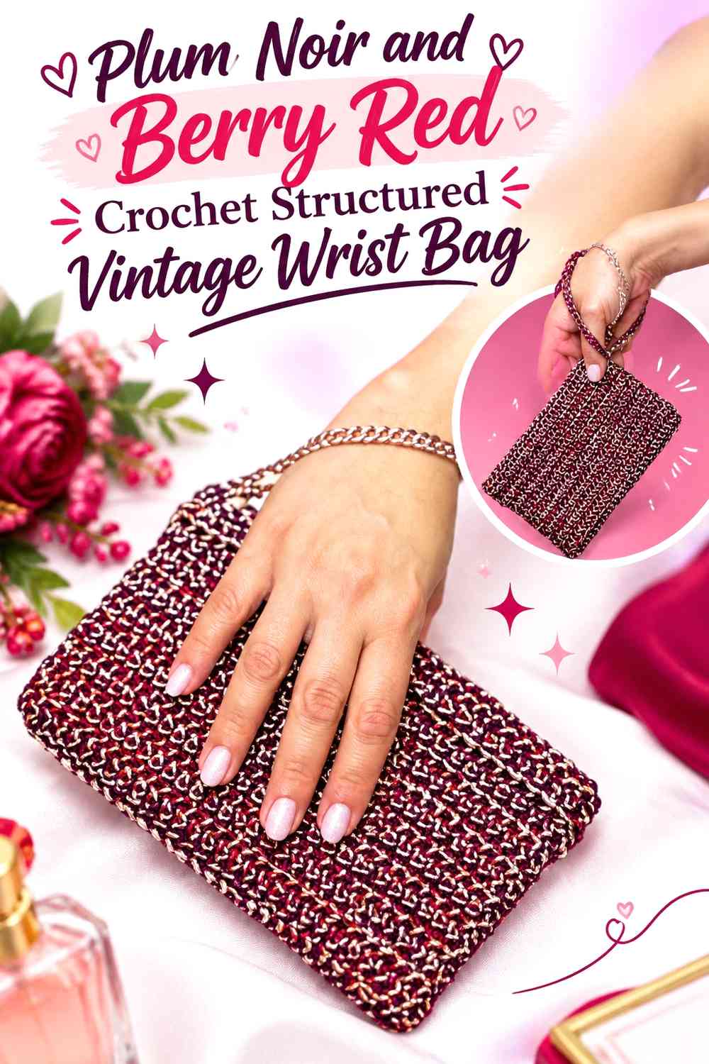 Plum Noir and Berry Red Crochet Structured Vintage Wrist Bag