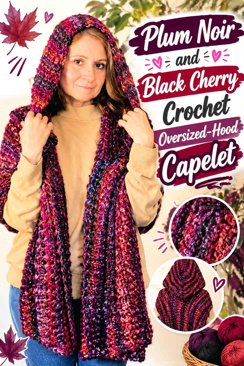 Plum Noir and Black Cherry Crochet Oversized-Hood Capelet