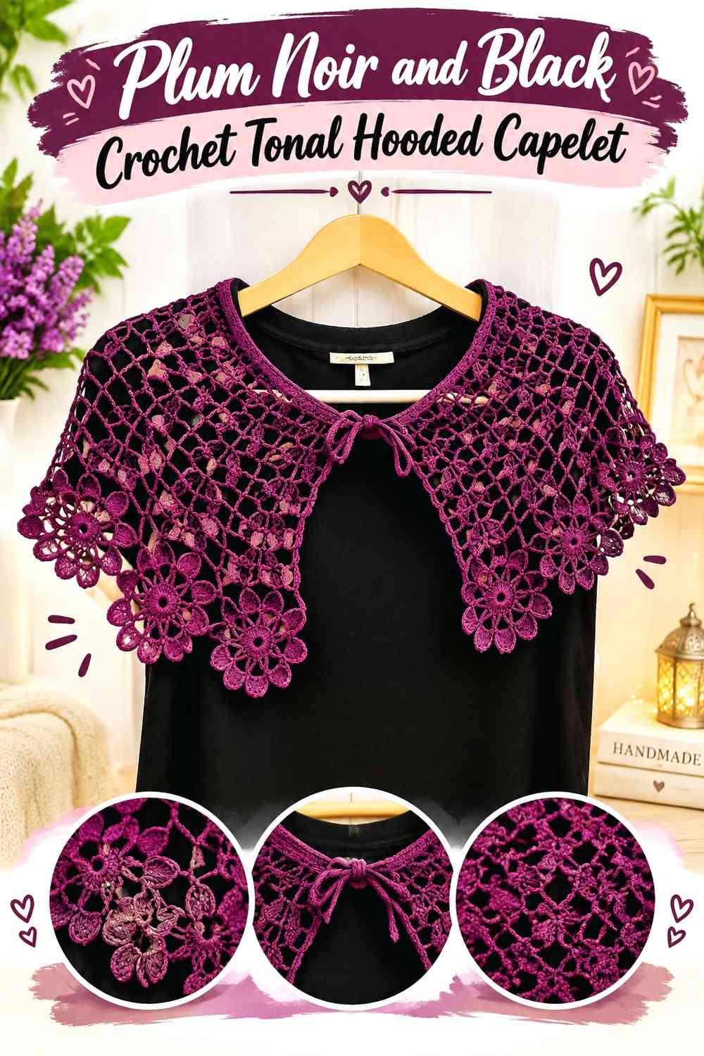 Plum Noir and Black Crochet Tonal Hooded Capelet