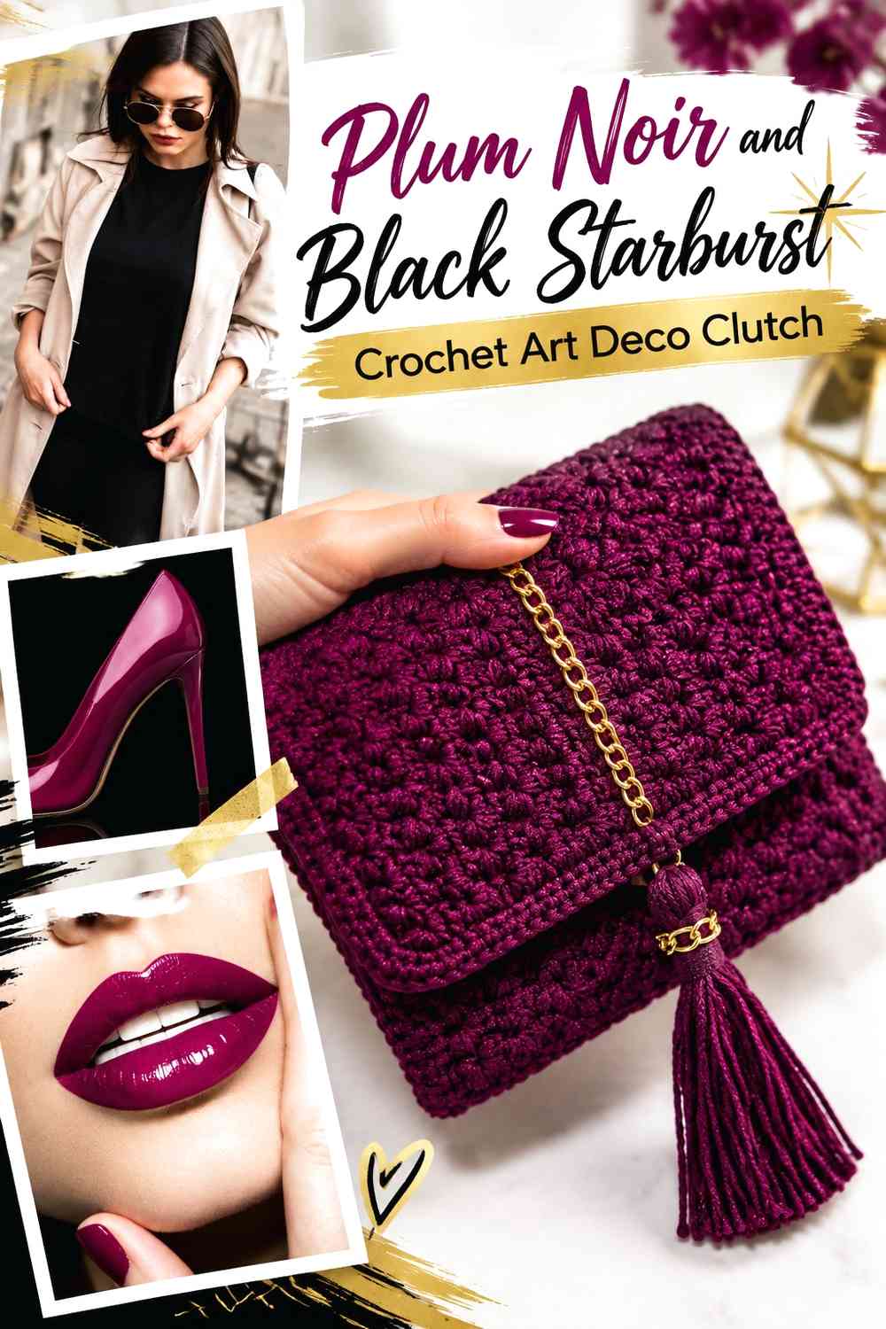 Plum Noir and Black Starburst Crochet Art Deco Clutch