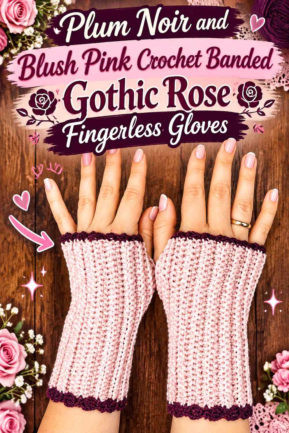 Plum Noir and Blush Pink Crochet Banded Gothic Rose Fingerless Gloves