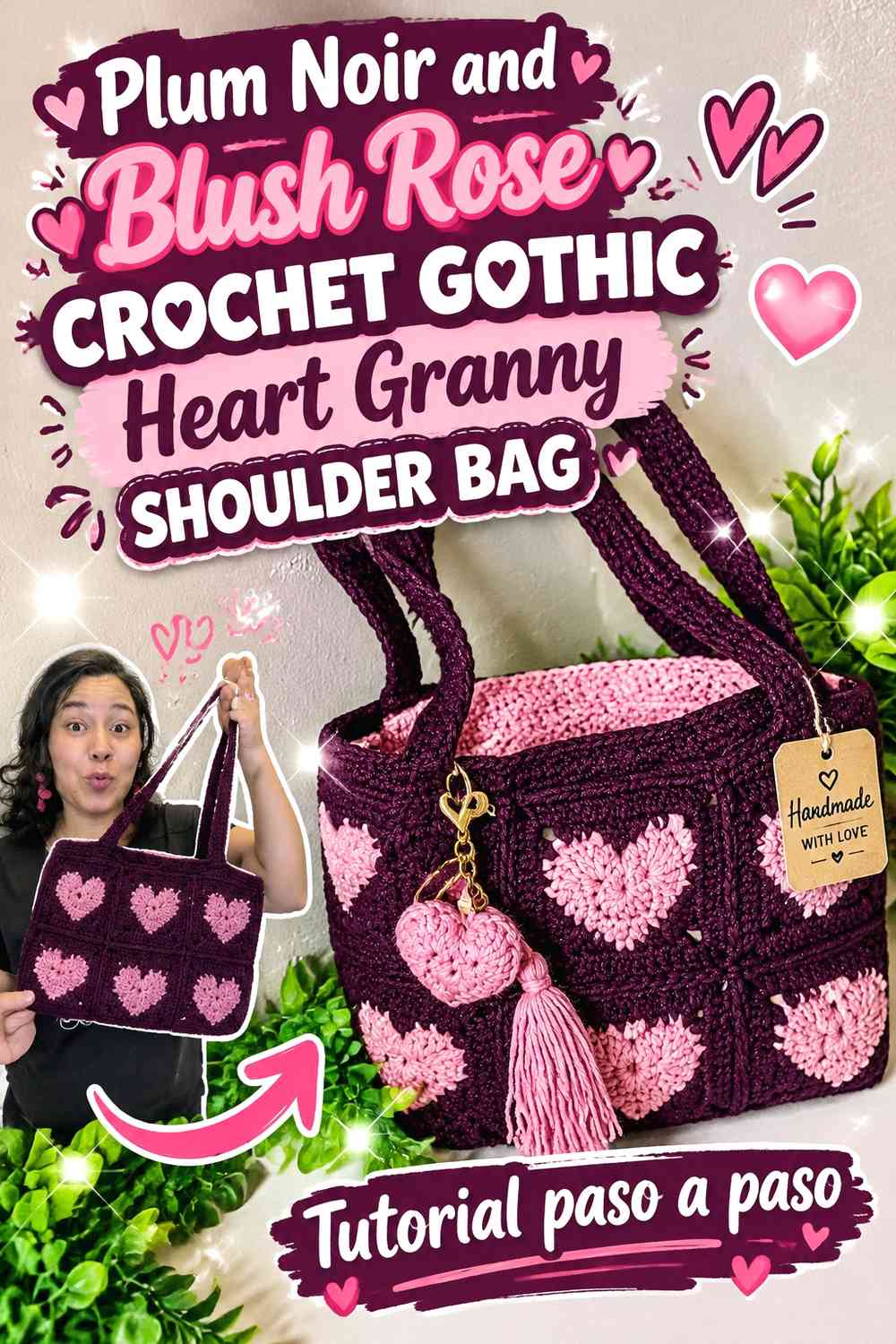Plum Noir and Blush Rose Crochet Gothic Heart Granny Shoulder Bag