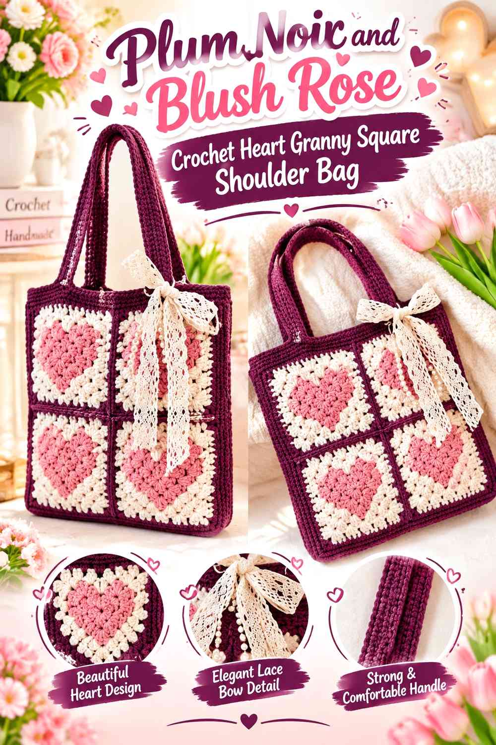 Plum Noir and Blush Rose Crochet Heart Granny Square Shoulder Bag
