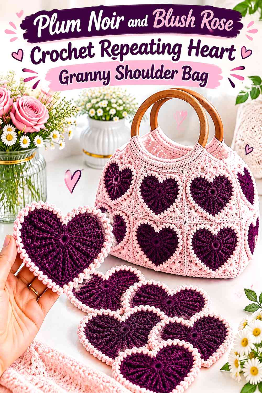 Plum Noir and Blush Rose Crochet Repeating Heart Granny Shoulder Bag