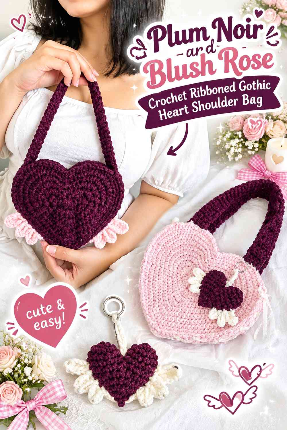 Plum Noir and Blush Rose Crochet Ribboned Gothic Heart Shoulder Bag