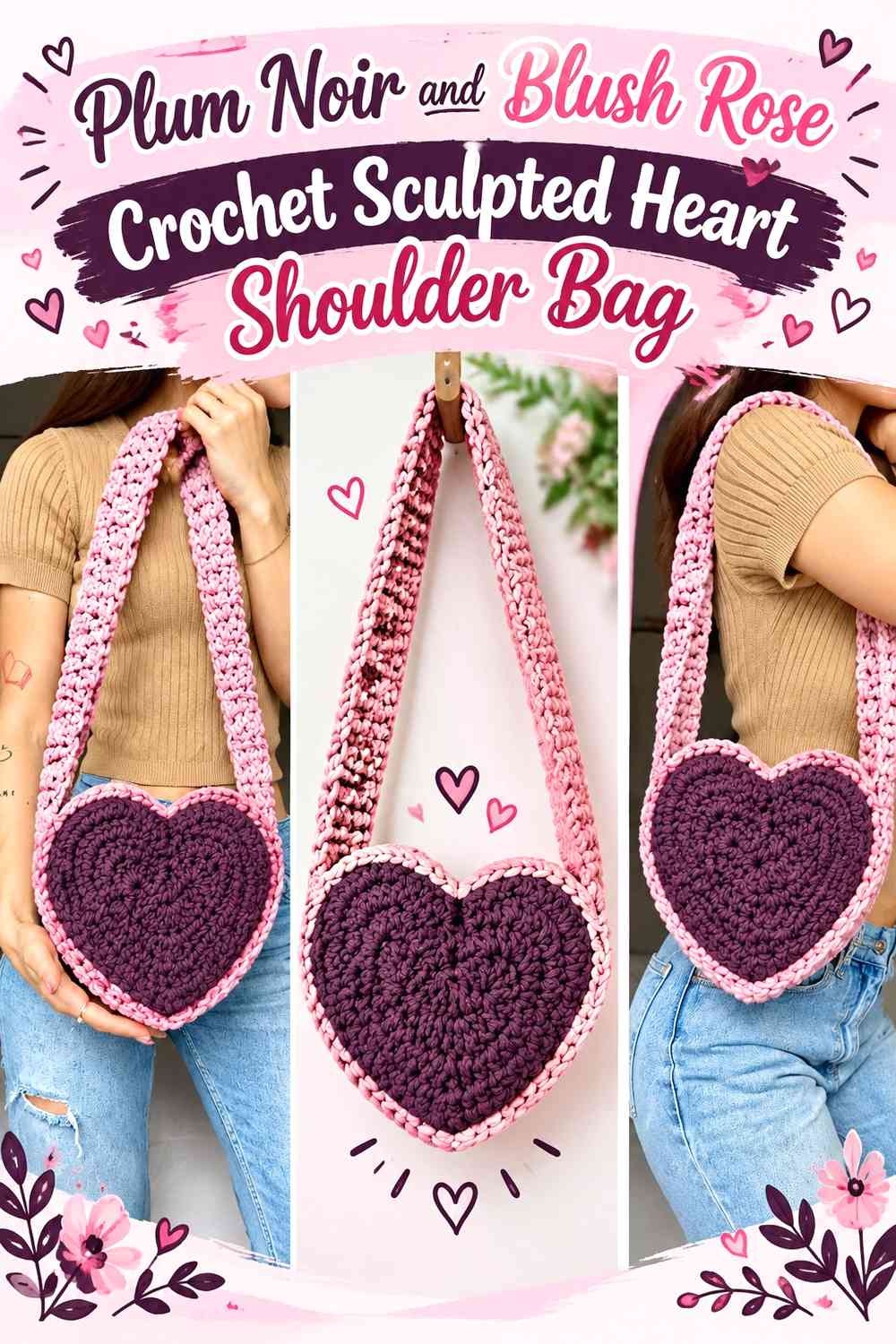 Plum Noir and Blush Rose Crochet Sculpted Heart Shoulder Bag