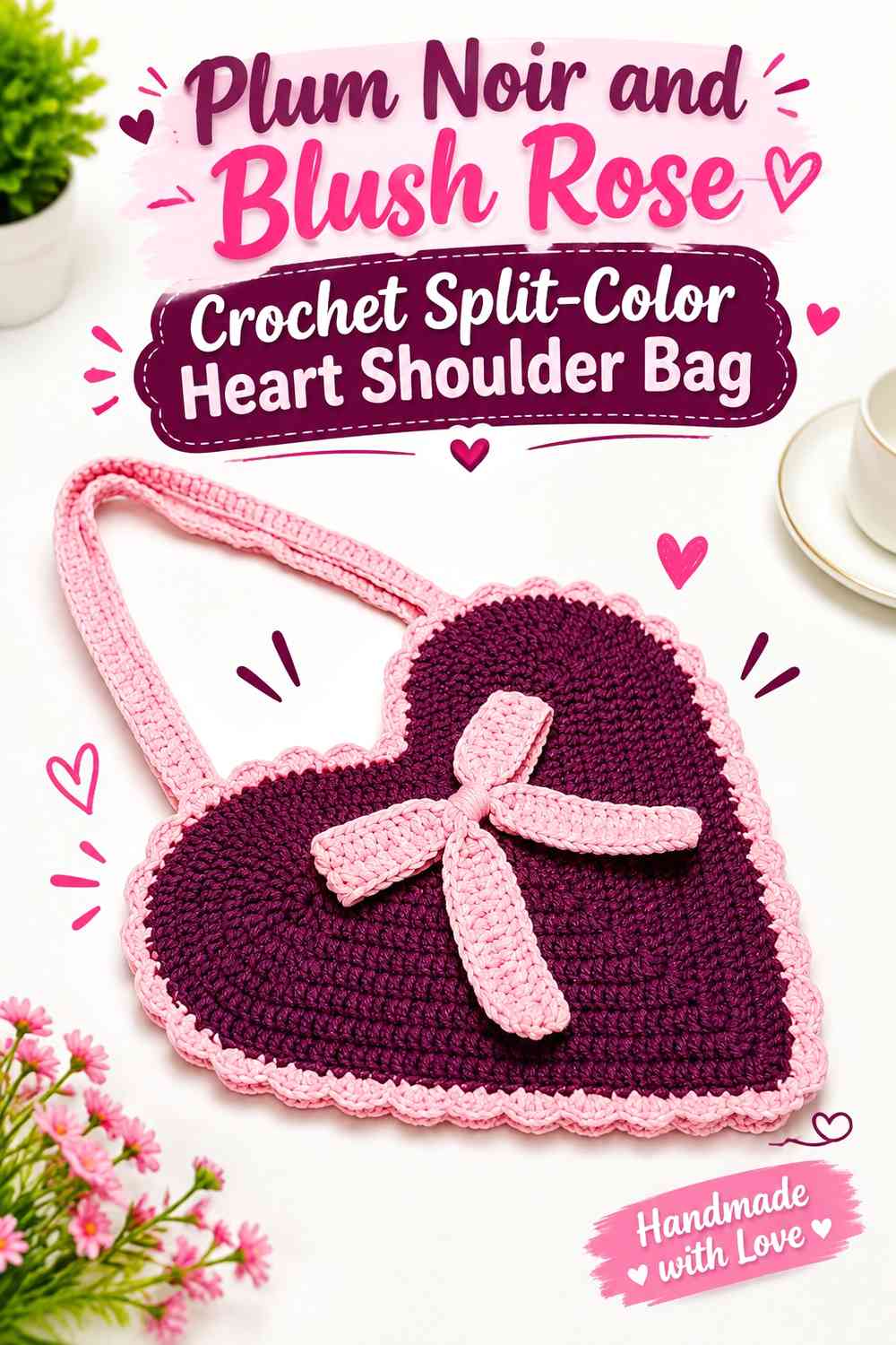 Plum Noir and Blush Rose Crochet Split-Color Heart Shoulder Bag