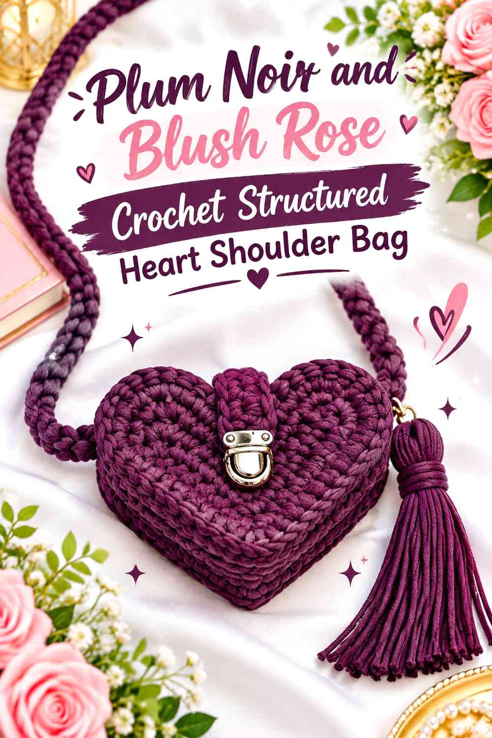 Plum Noir and Blush Rose Crochet Structured Heart Shoulder Bag