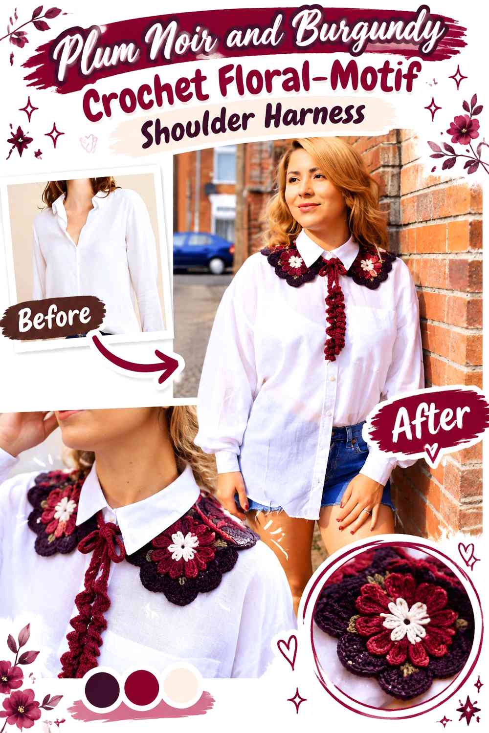 Plum Noir and Burgundy Crochet Floral-Motif Shoulder Harness