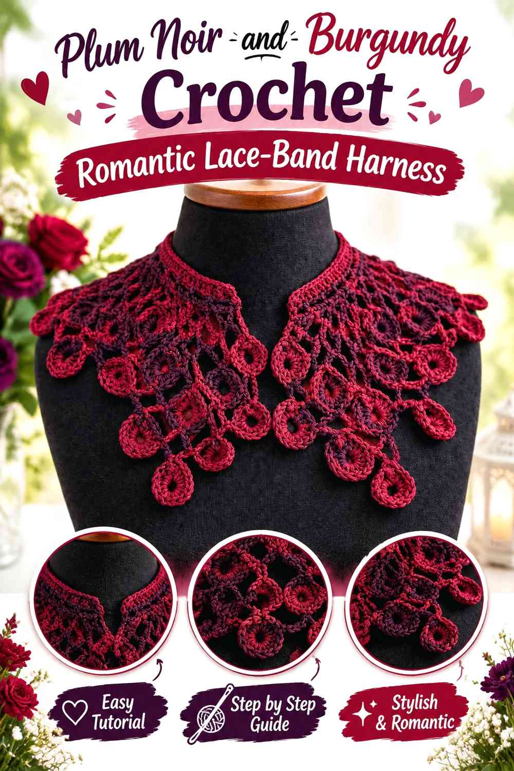 Plum Noir and Burgundy Crochet Romantic Lace-Band Harness