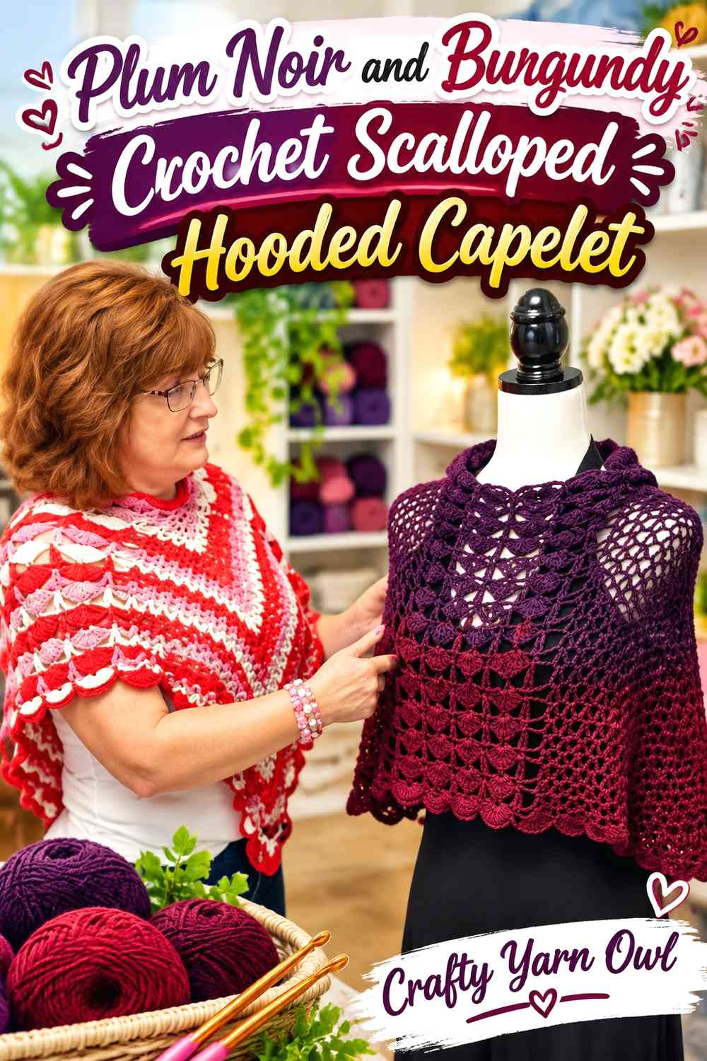Plum Noir and Burgundy Crochet Scalloped Hooded Capelet