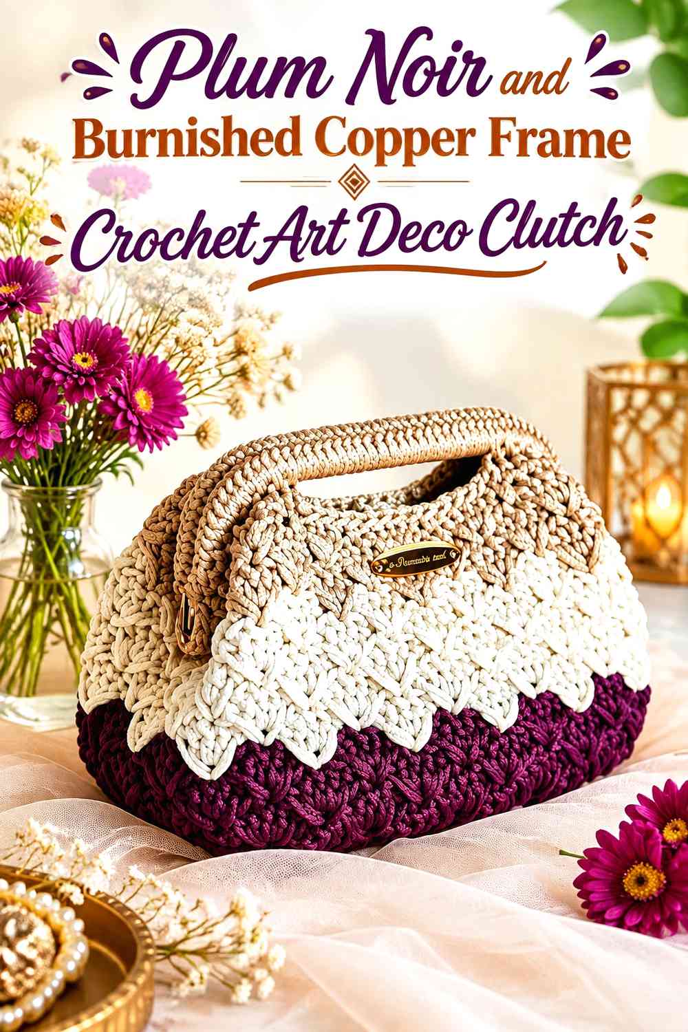 Plum Noir and Burnished Copper Frame Crochet Art Deco Clutch