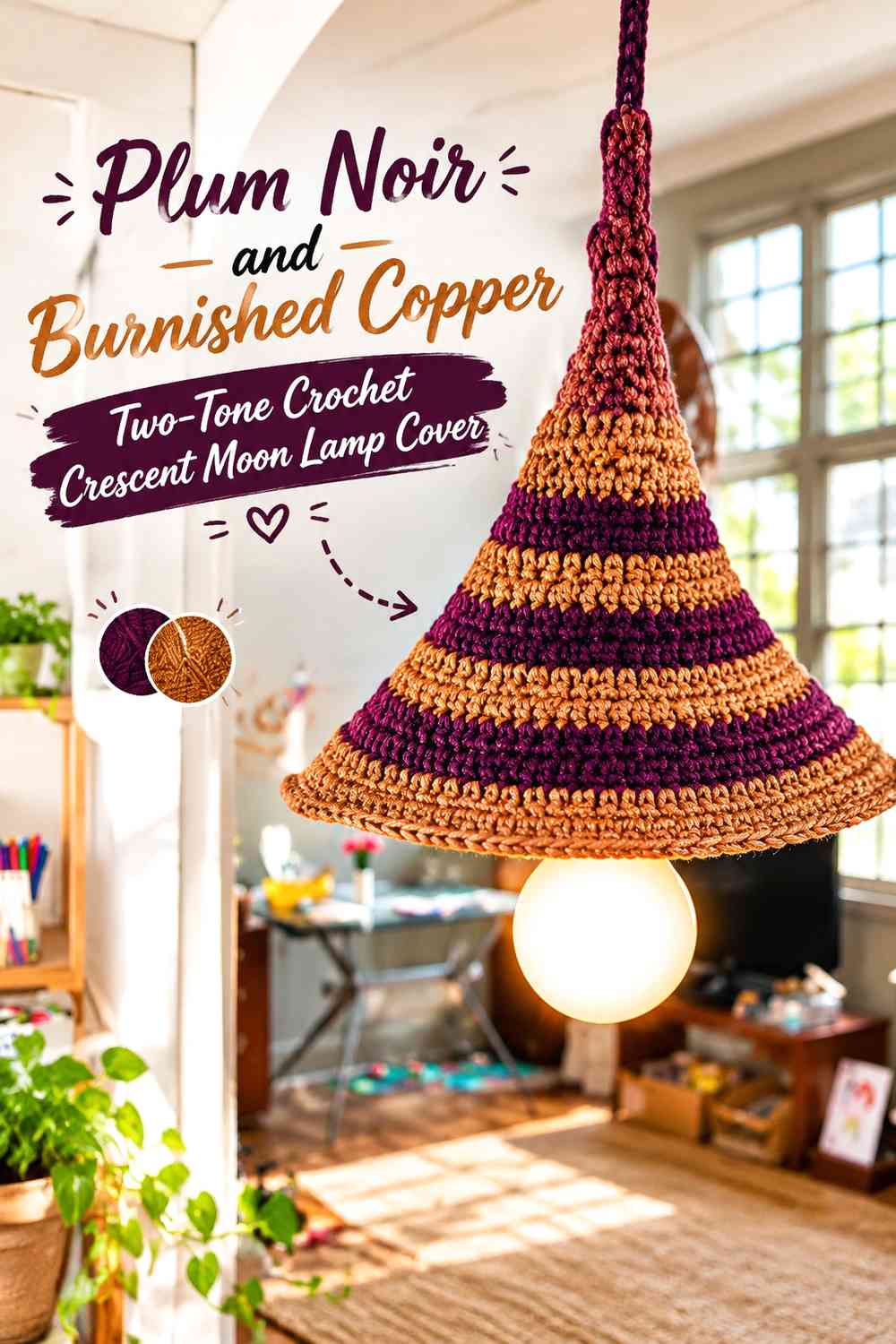 Plum Noir and Burnished Copper Two-Tone Crochet Crescent Moon Lamp Cover