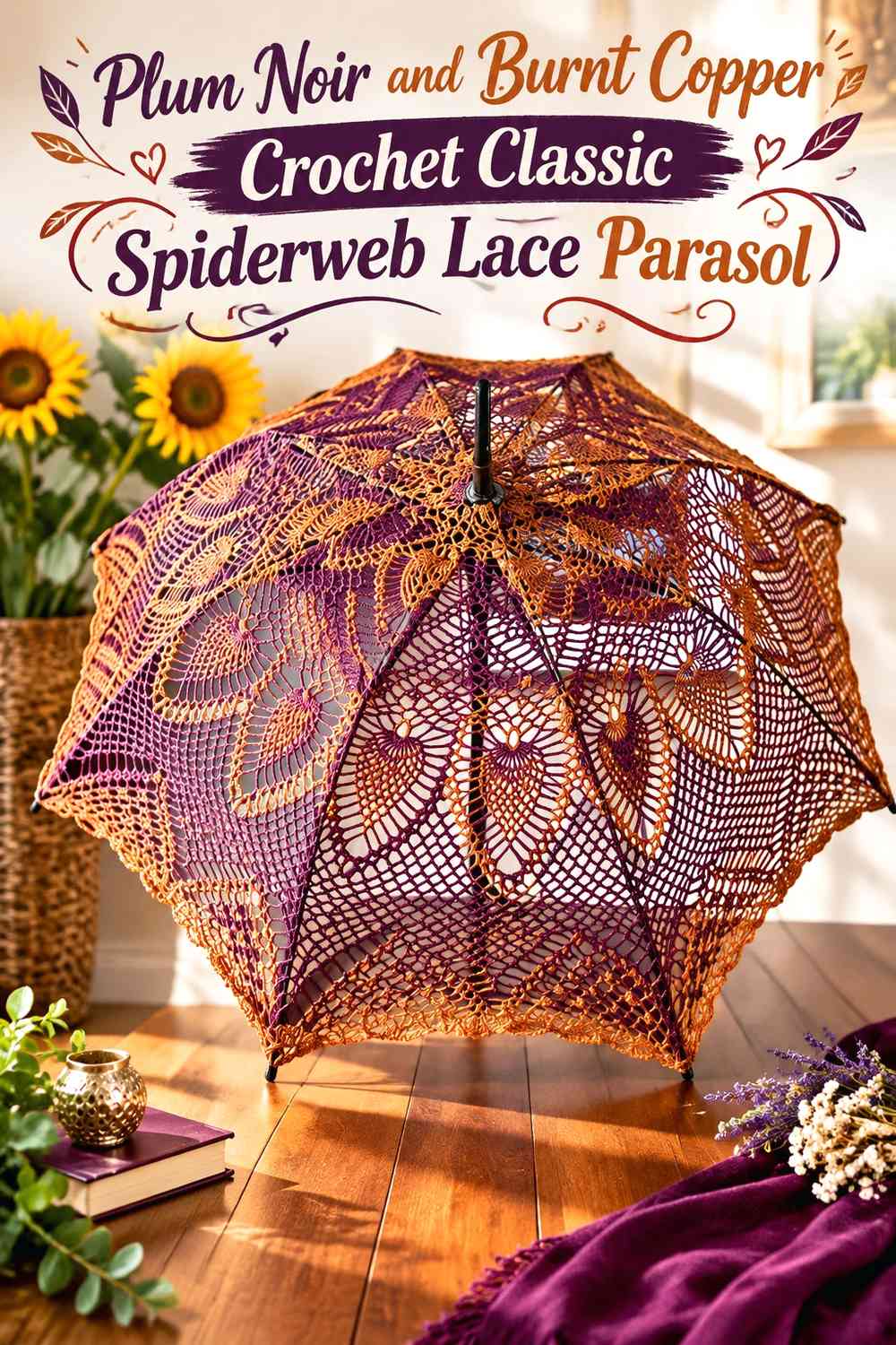 Plum Noir and Burnt Copper Crochet Classic Spiderweb Lace Parasol