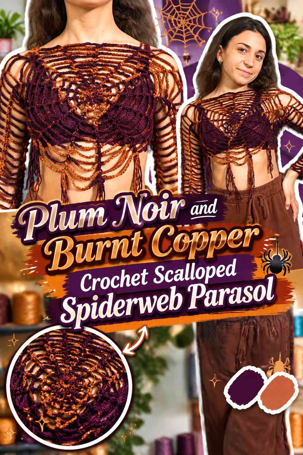 Plum Noir and Burnt Copper Crochet Scalloped Spiderweb Parasol