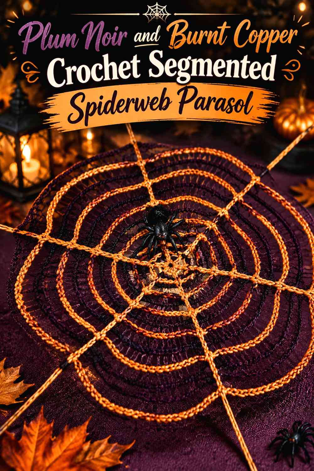 Plum Noir and Burnt Copper Crochet Segmented Spiderweb Parasol