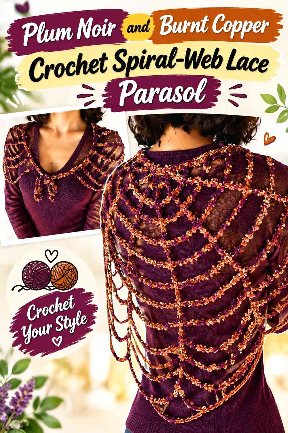 Plum Noir and Burnt Copper Crochet Spiral-Web Lace Parasol