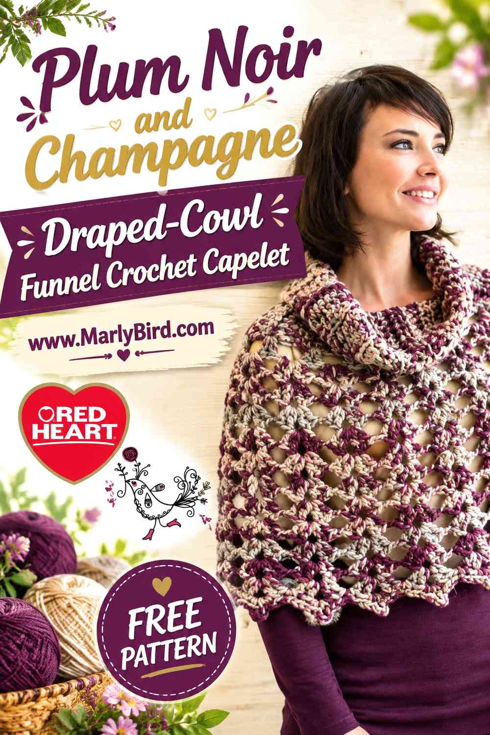 Plum Noir and Champagne Draped-Cowl Funnel Crochet Capelet