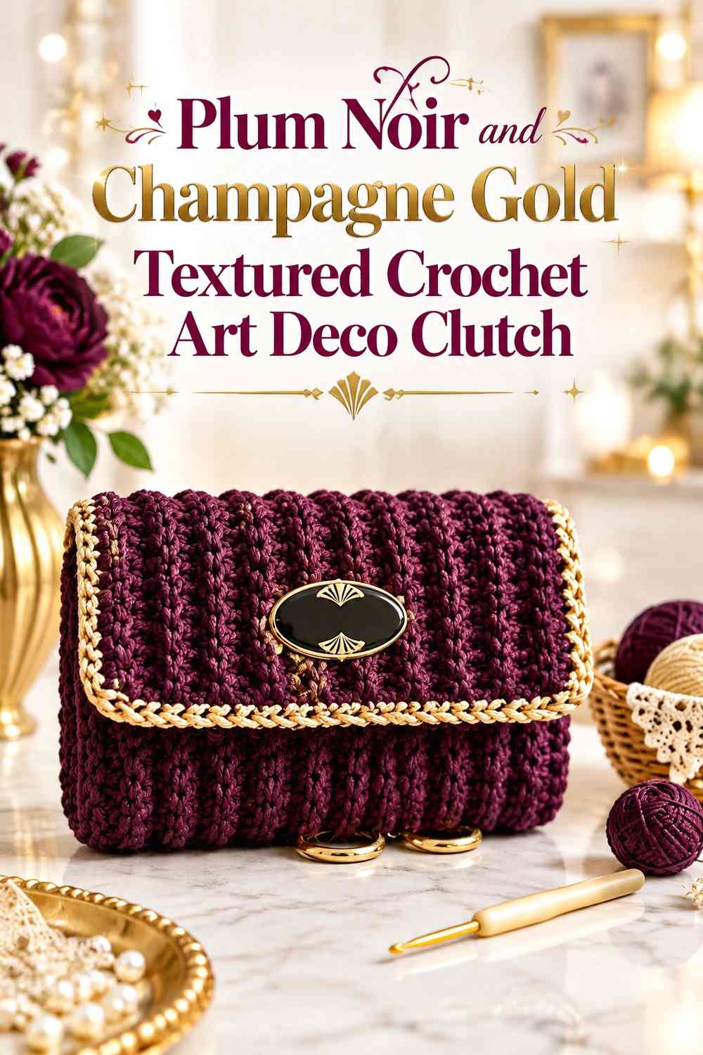 Plum Noir and Champagne Gold Textured Crochet Art Deco Clutch