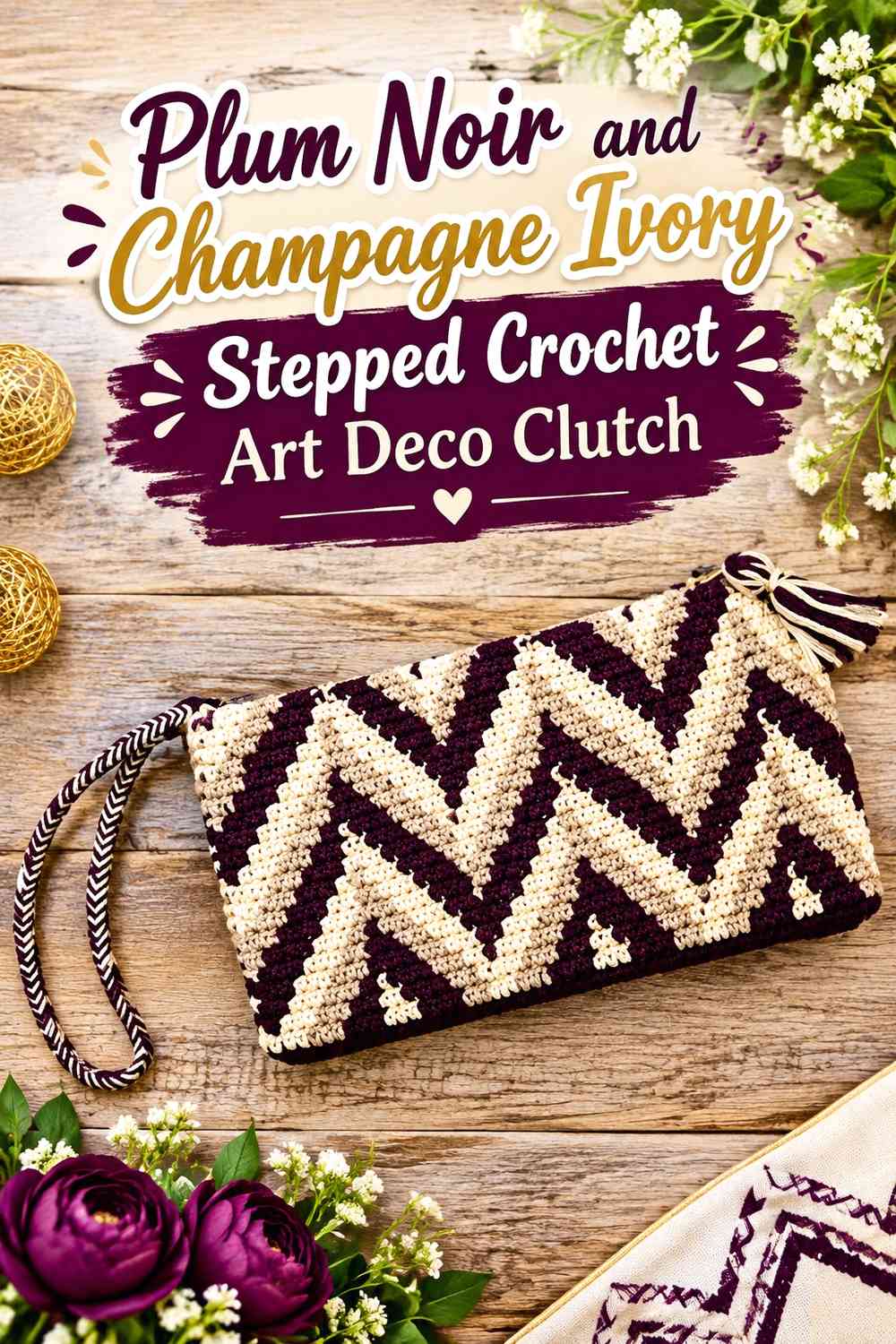 Plum Noir and Champagne Ivory Stepped Crochet Art Deco Clutch