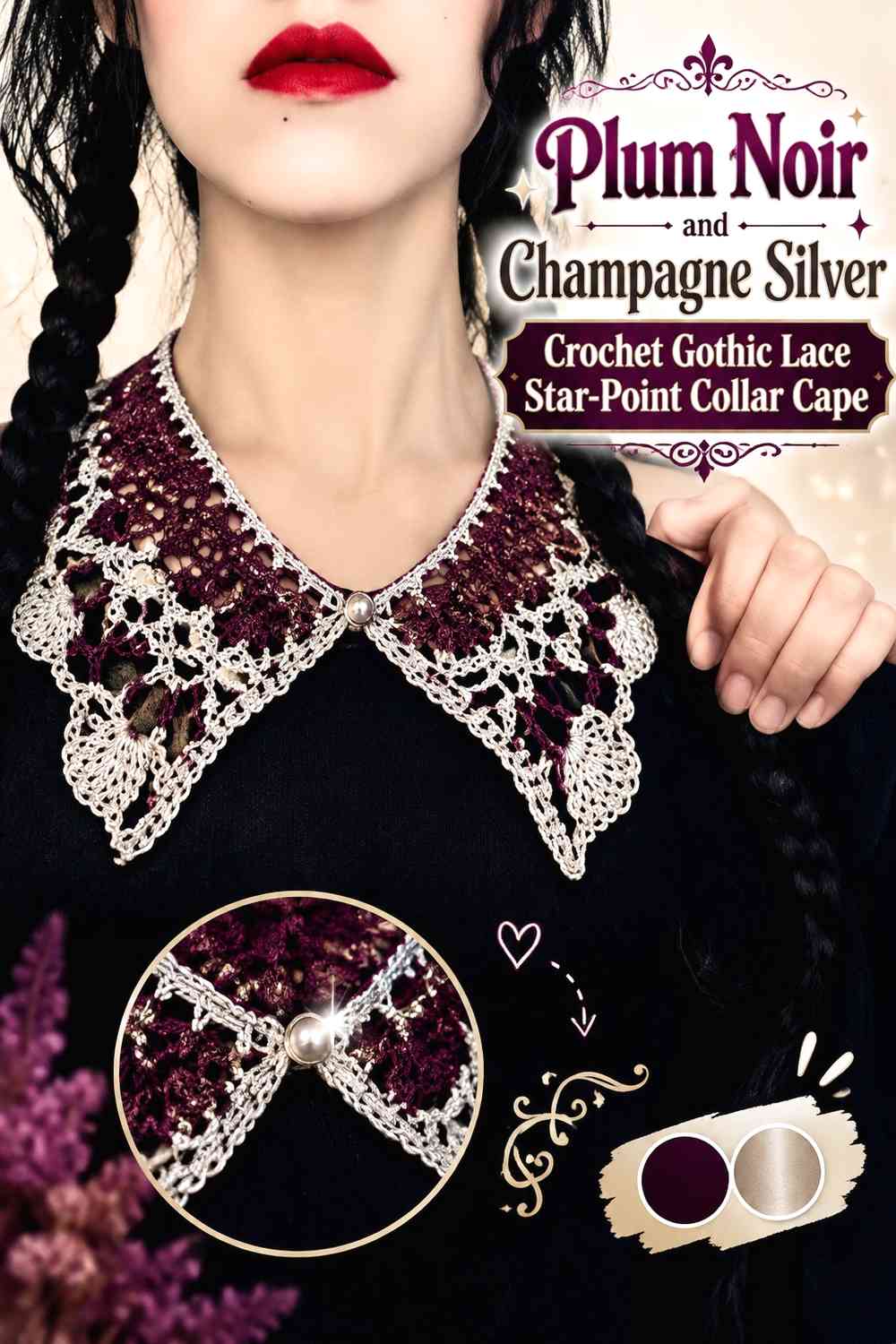 Plum Noir and Champagne Silver Crochet Gothic Lace Star-Point Collar Cape