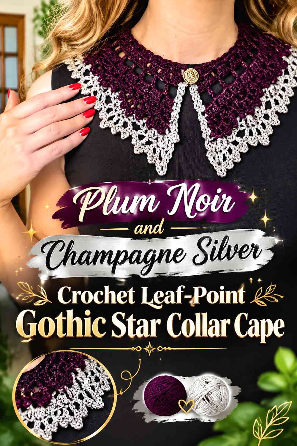 Plum Noir and Champagne Silver Crochet Leaf-Point Gothic Star Collar Cape