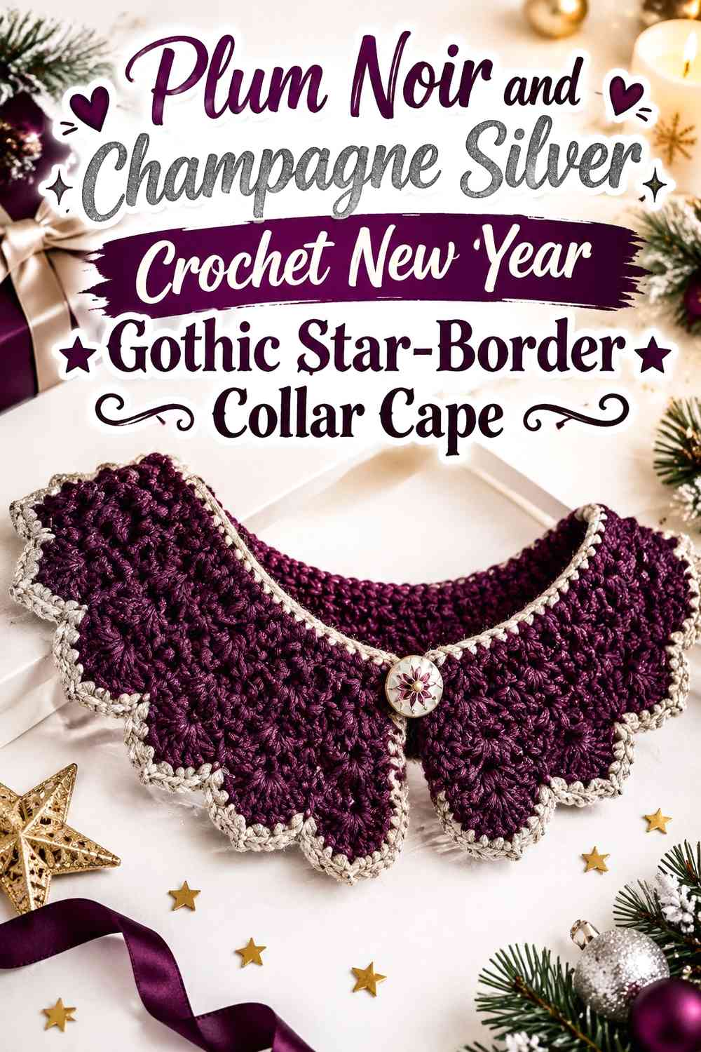 Plum Noir and Champagne Silver Crochet New Year Gothic Star-Border Collar Cape