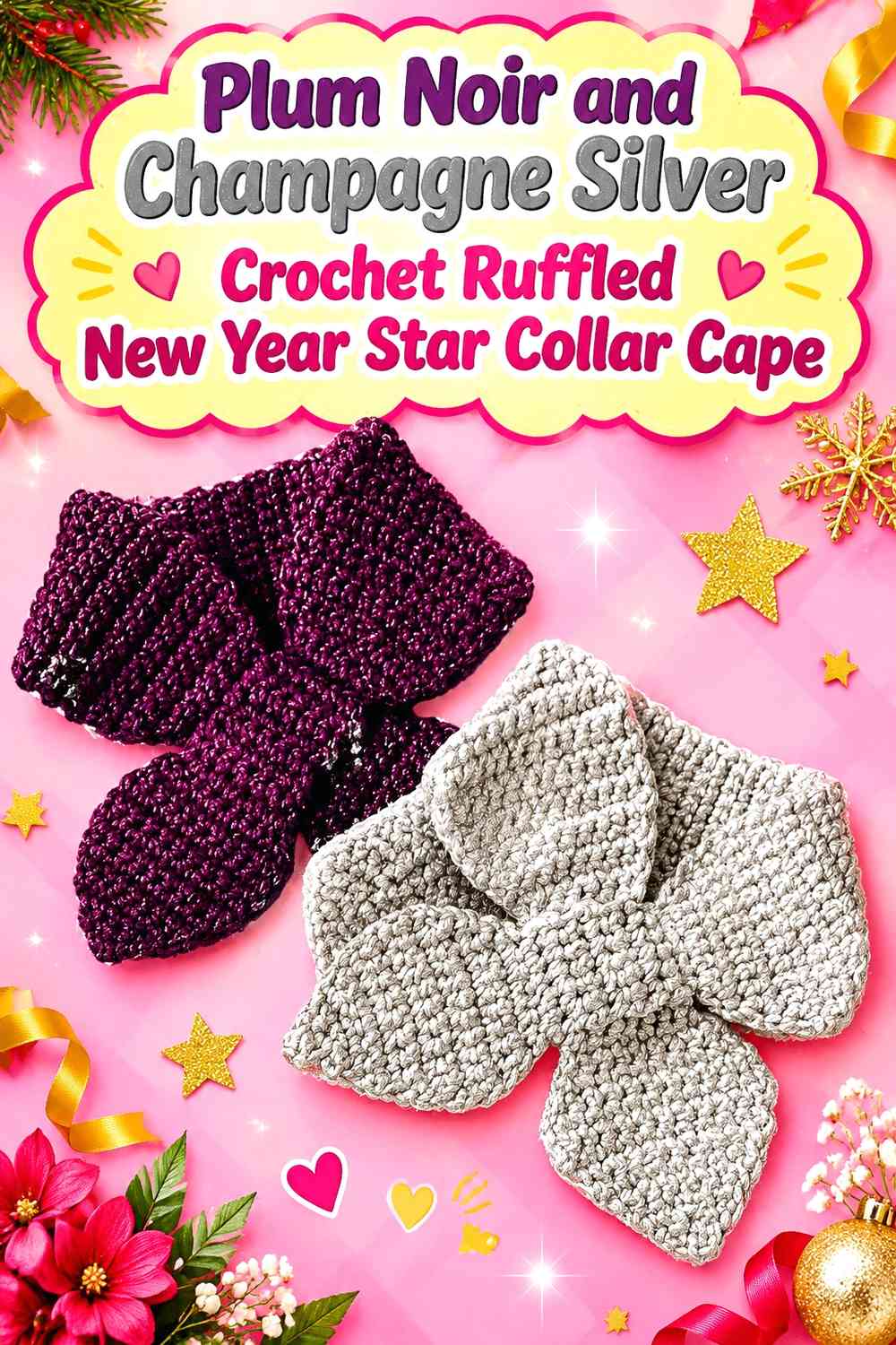 Plum Noir and Champagne Silver Crochet Ruffled New Year Star Collar Cape