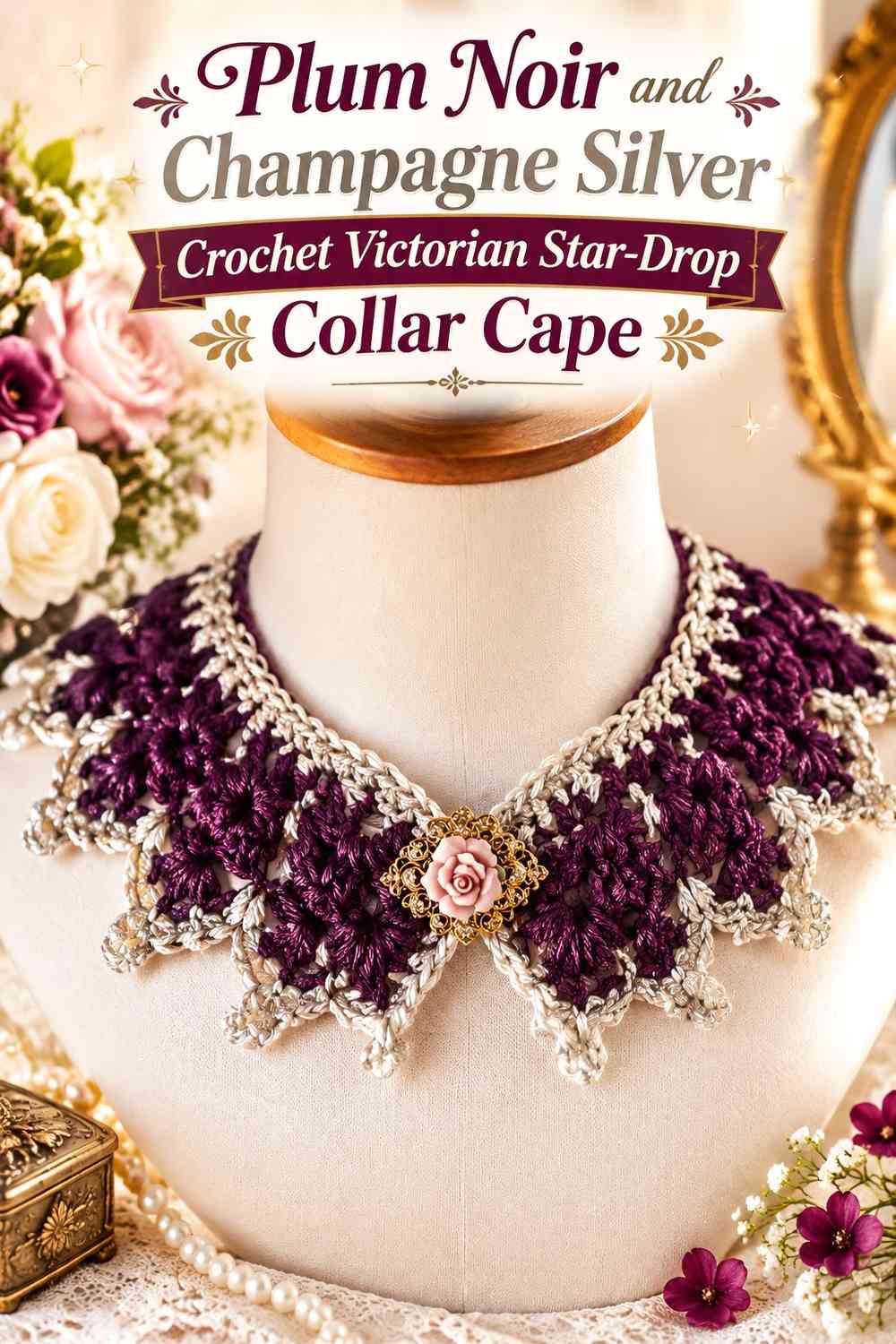Plum Noir and Champagne Silver Crochet Victorian Star-Drop Collar Cape