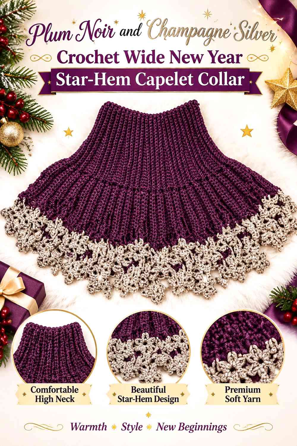 Plum Noir and Champagne Silver Crochet Wide New Year Star-Hem Capelet Collar