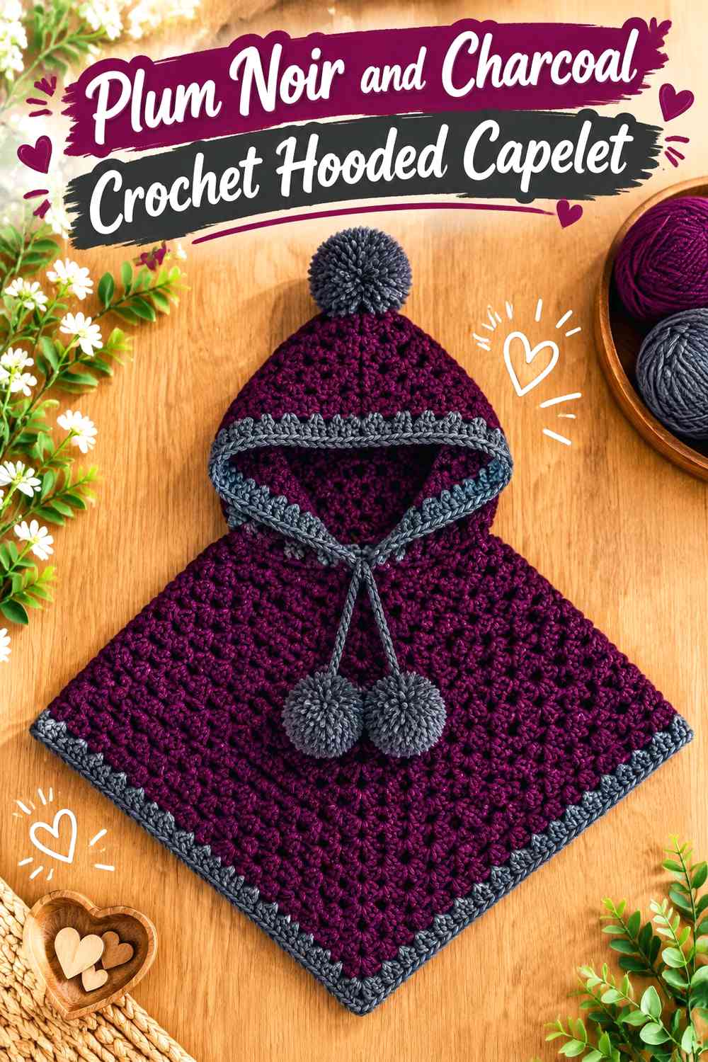 Plum Noir and Charcoal Crochet Hooded Capelet