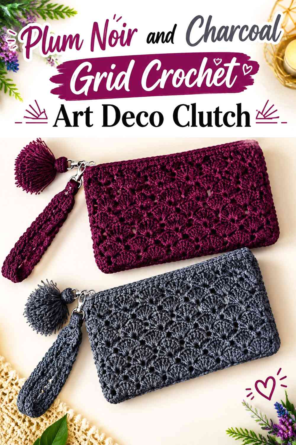 Plum Noir and Charcoal Grid Crochet Art Deco Clutch