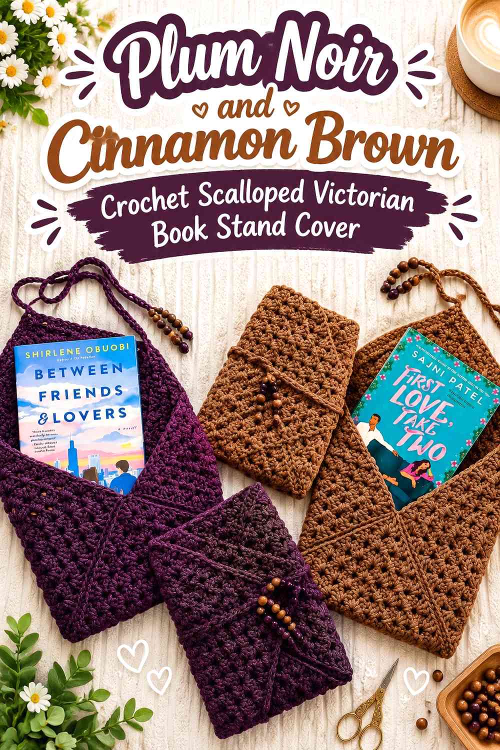 Plum Noir and Cinnamon Brown Crochet Scalloped Victorian Book Stand Cover