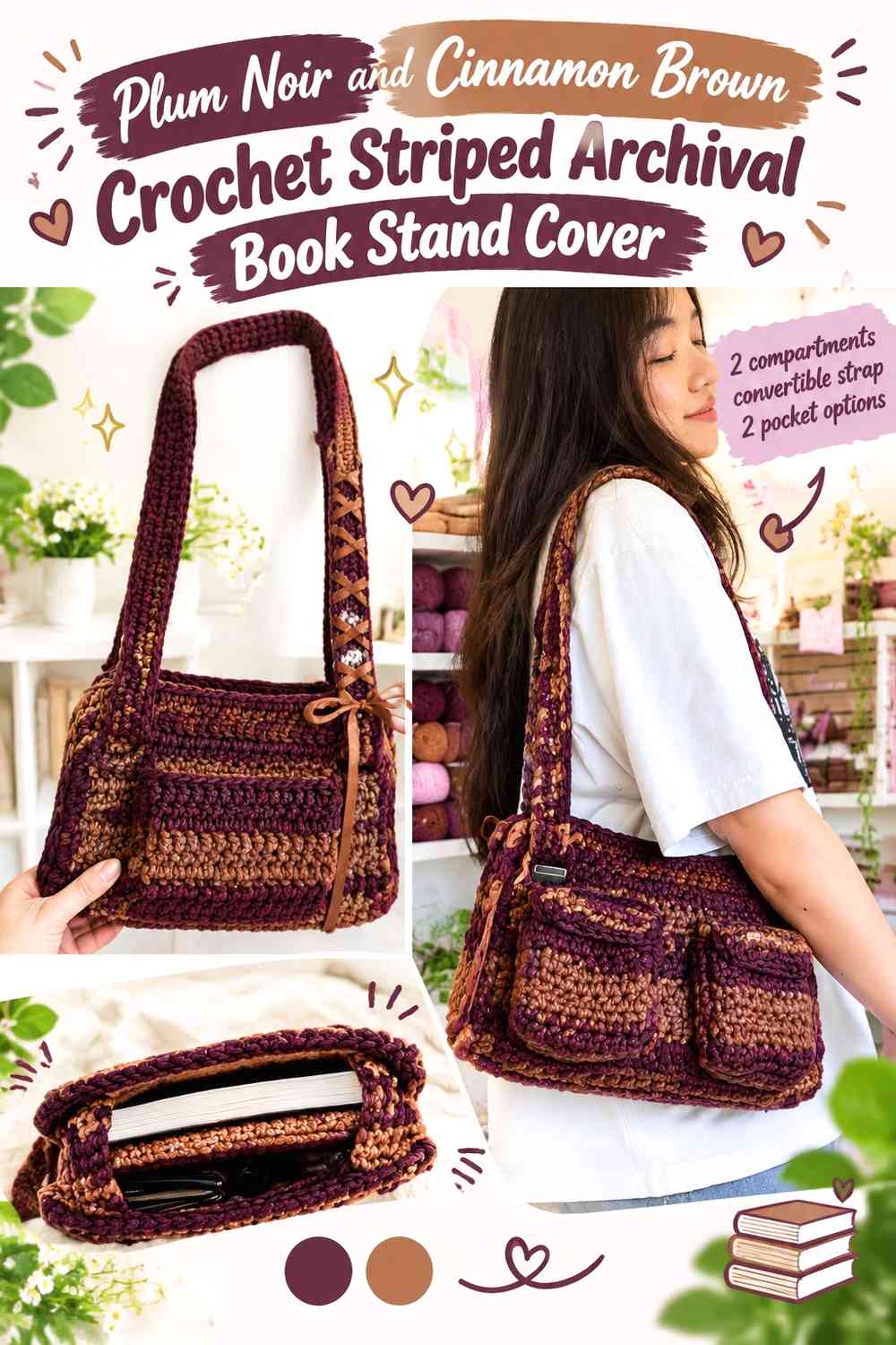 Plum Noir and Cinnamon Brown Crochet Striped Archival Book Stand Cover