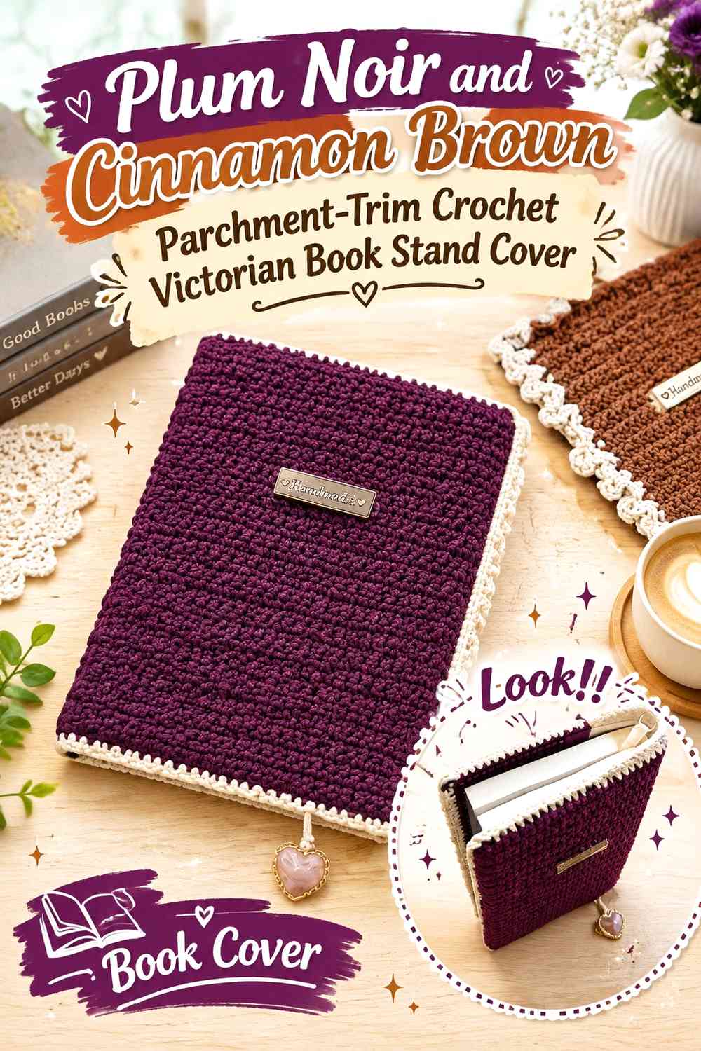 Plum Noir and Cinnamon Brown Parchment-Trim Crochet Victorian Book Stand Cover