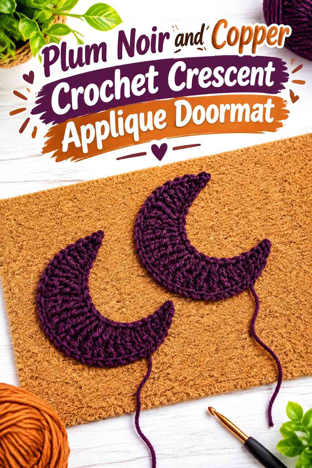 Plum Noir and Copper Crochet Crescent Applique Doormat