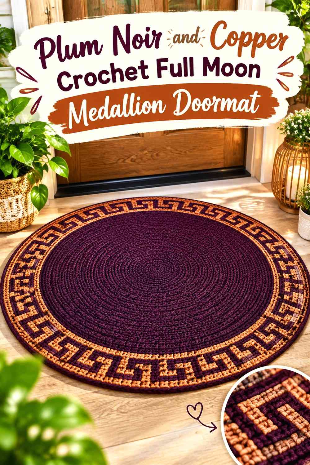Plum Noir and Copper Crochet Full-Moon Medallion Doormat