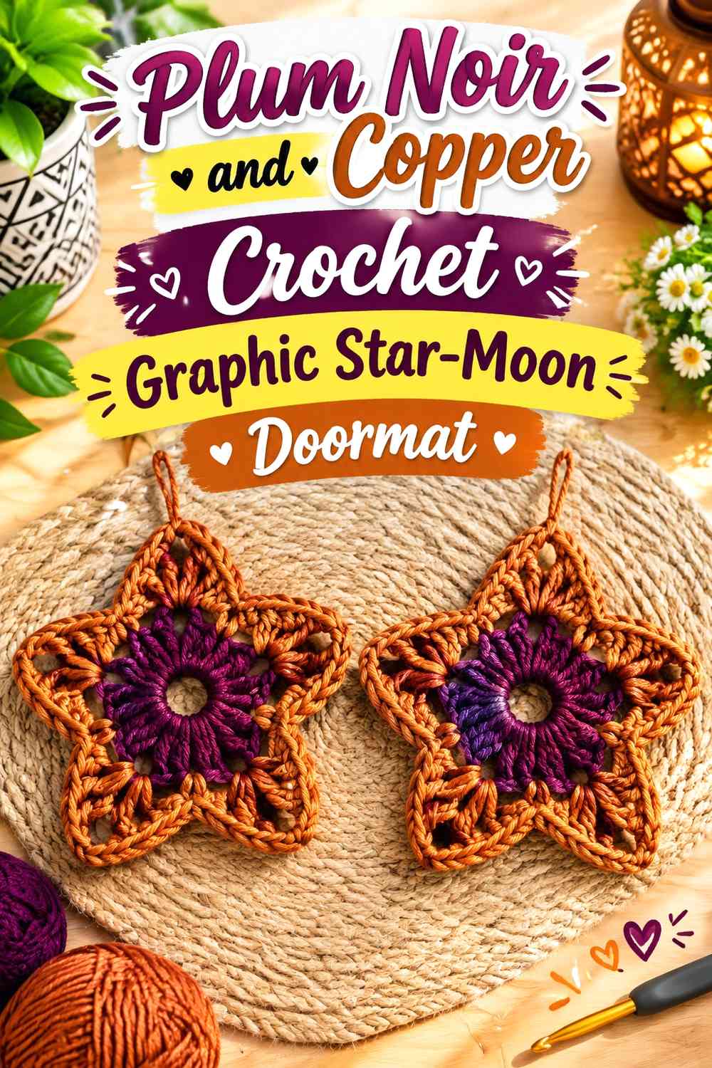 Plum Noir and Copper Crochet Graphic Star-Moon Doormat