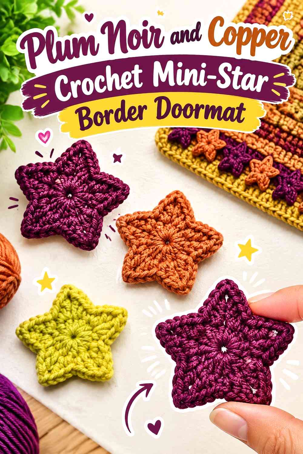Plum Noir and Copper Crochet Mini-Star Border Doormat