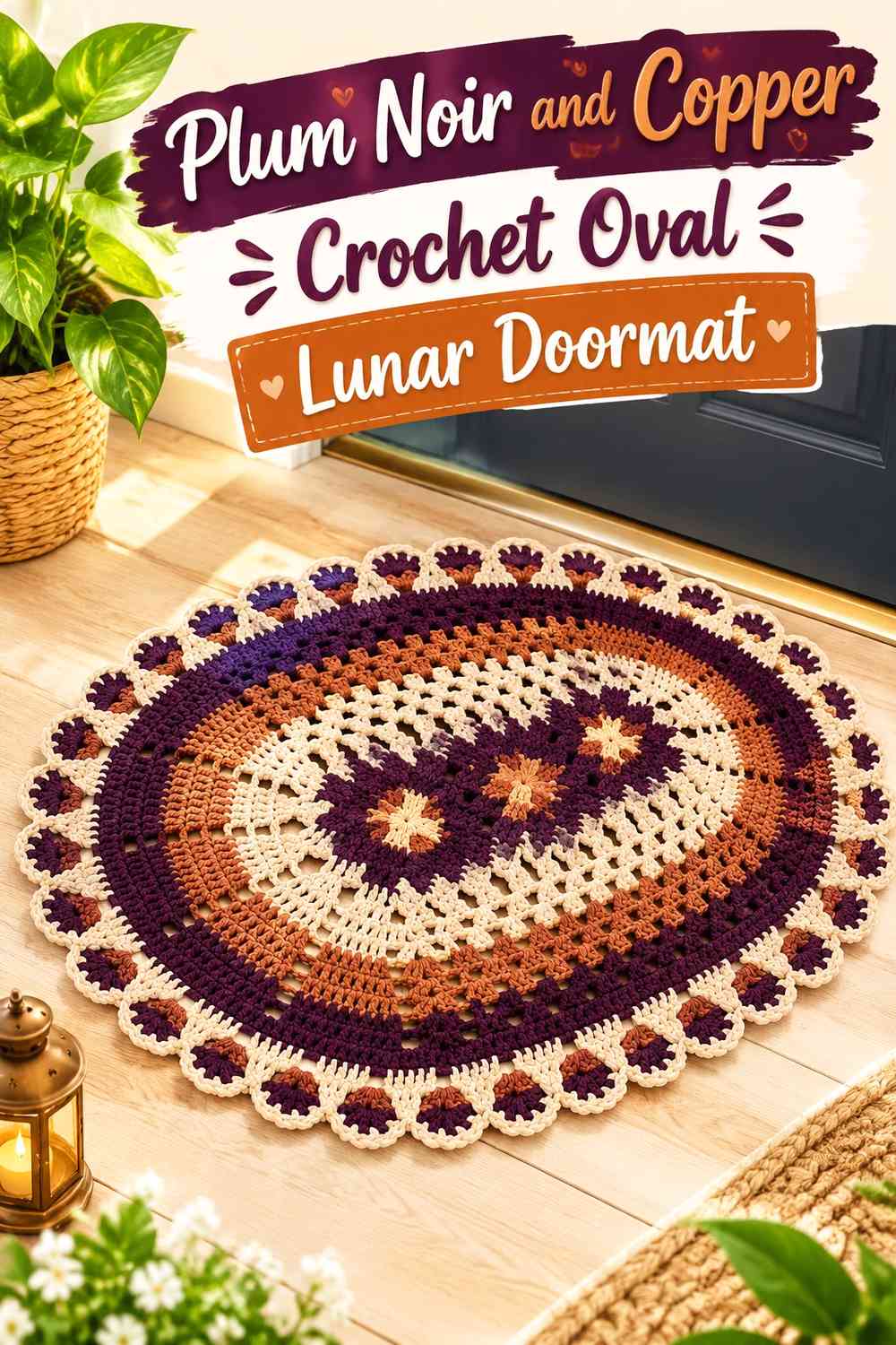 Plum Noir and Copper Crochet Oval Lunar Doormat